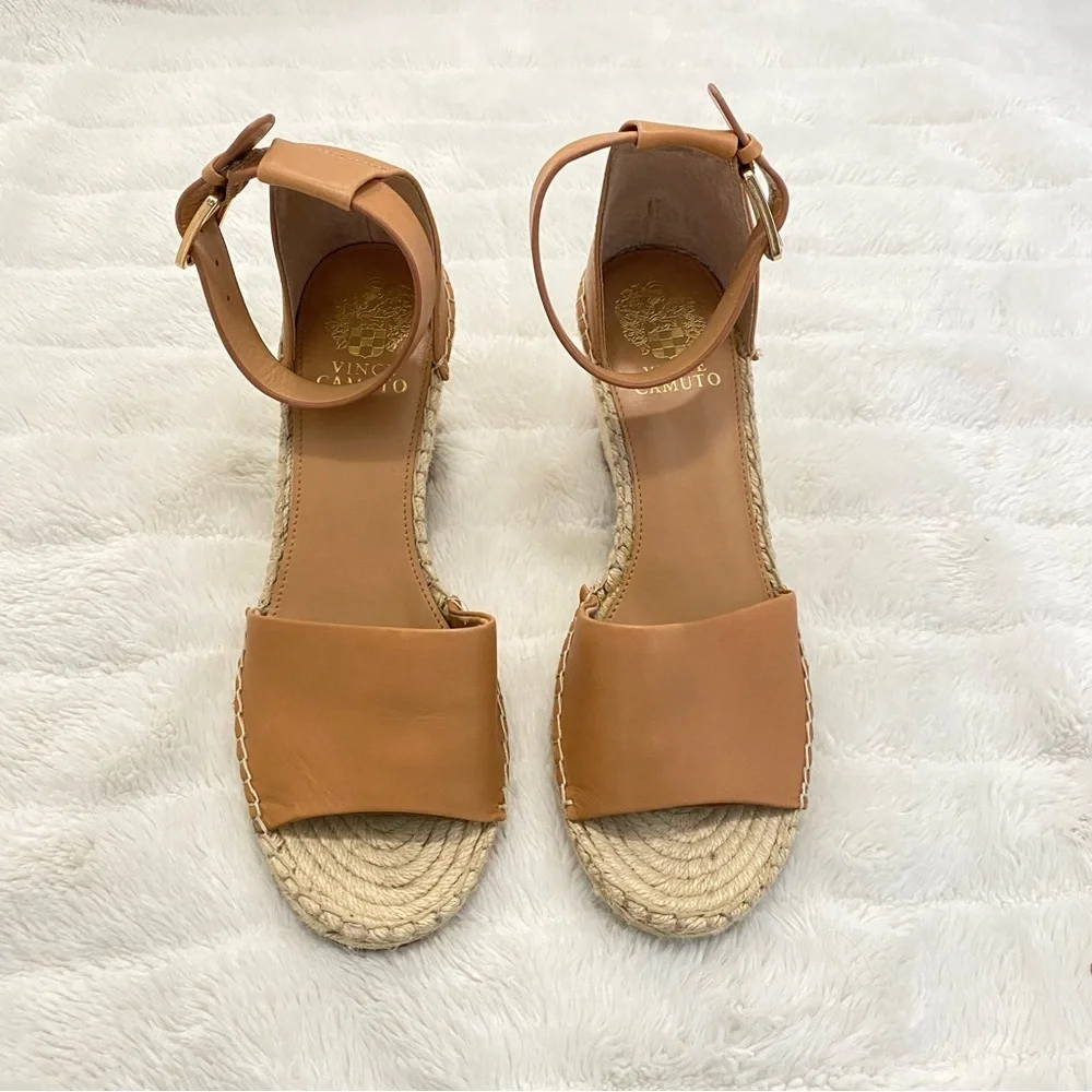 Vince Camuto Tan Leather Espadrille Wedge Sandals Size 9.5